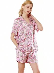 YiNi LuLu - Conjunto de pijama de satén de seda para mujer, 2 piezas, pijama de manga corta, de gran tamaño, con bolsillos - frasco de perfume - Ver 18