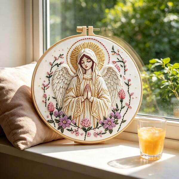 Quiet Floral Wreath Prayer Angel Embroidery Kit, Beginner Zero-Base 3D Handmade Embroidery, Bedroom Window Sill Desk Entryway Decor, Thoughtful DIY Gift For Best Friend Girlfriend