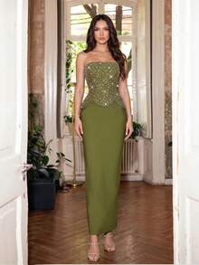Sexy Women's Heavy Industrial Style Pearl & Rhinestone Embellished Strapless Sleeveless Slit Bandage Dress,  Wedding Guest Party  Dress - Green - View 4