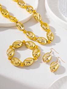 Conjunto de joyería vintage francés de alta gama con collar, pulsera y pendientes con cuentas de piedras preciosas asimétricas, elegante accesorio de nicho como regalo para mujeres - Amarillo Oro - Ver 5
