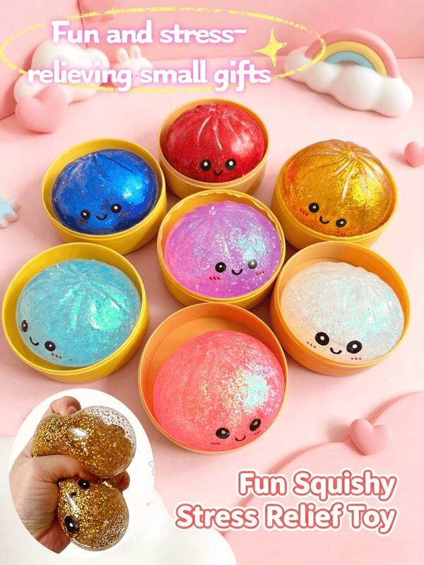 Glitter Dumpling Bun Squeeze Toy, Cute Dumpling Shaped Stress Relief Toy, Transparent TPR Gel, Glitter Filled And Foam Beads, Slow Rebound Finger Toy, Suitable For Hand Play, Stress Relief, Classroom Reward, Birthday Gift, Party Favor Bag And Desk Toy