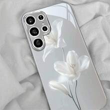 Phone Case - Artistic Qinglan White Flower New Electroplated Silver Phone Case for  Galaxy S25Ultra, S25 Plus, S25, S24Ultra, S24FE, S24, S23Ultra - Plateado - Ver 4
