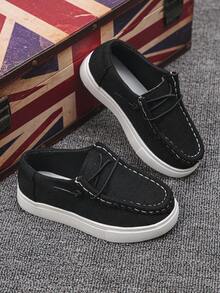 1 Par de Sapatos Náuticos Slip-On Unissex para Crianças, Uso Campus em Todas as Estações, Cor Sólida, Lona Respirável, Cadarço Elástico Sem Amarração, Sola Macia Antiderrapante, Tênis Esportivo Casual Leve e Plano para Escola - Preto - Visão 6