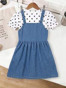 2pcs/Set Girls Toddler Casual Comfortable Cute Breathable Skin-Friendly French Style Puff Sleeve Round Neck Polka Dot T-Shirt With Bow Pleated Shoulder Strap Vintage Denim Overall Dress Outfit - Multicolor - View 2