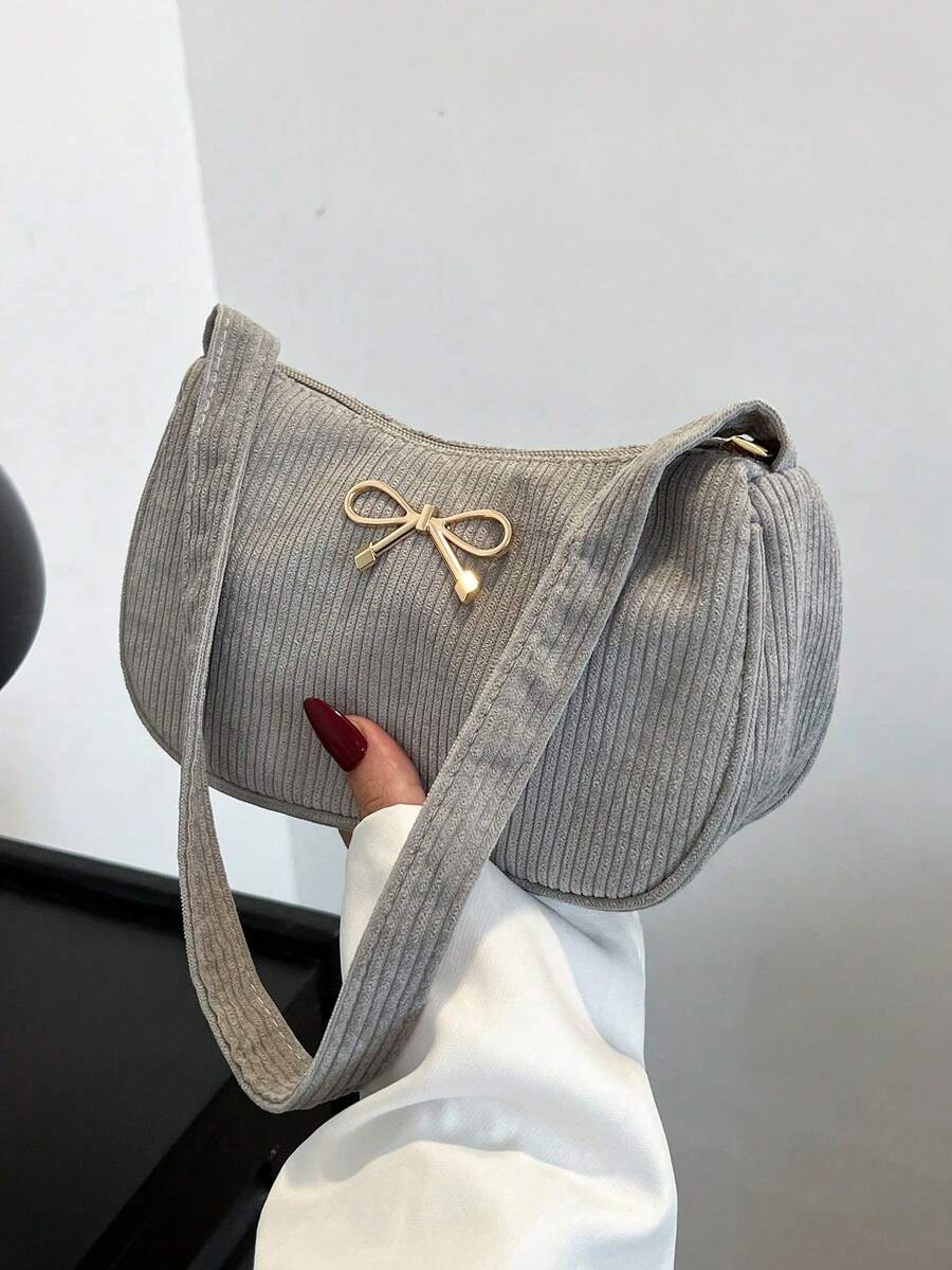 Minimalist Light Gray Corduroy Hobo Underarm Bag, Single Handle Handbag For Women, Soft Accessory For Casual And Office Look - 灰色 - 查看 1