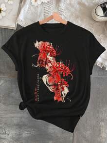Camiseta con estampado estético retro de lirio araña en Japón, estilo soft grunge y gótico pastel, de manga corta y cuello redondo, top casual para verano y primavera, ropa de mujer - Negro - Ver 2