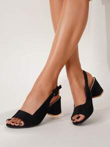 Minimalist Chunky Heeled Suedette Slingback Sandals, Black Elegant Solid Color Open Heel Shoes,Spring Summer Outfits - Black - View 9