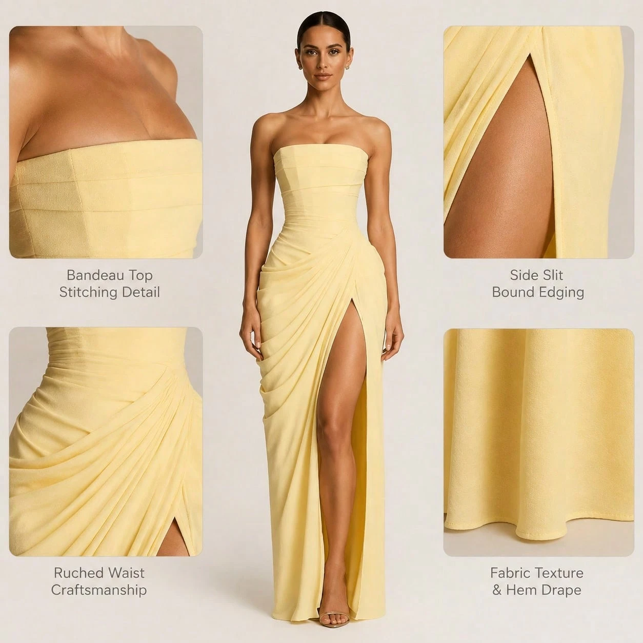 Strapless Ruched Draped High Slit Pale Yellow Maxi Evening Dress - Light Yellow - View 3