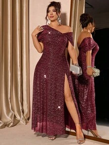 Vestido con hombros de malla con lámina metálica de nueva moda para mujer de talla grande - Rojo 2 - Ver 1
