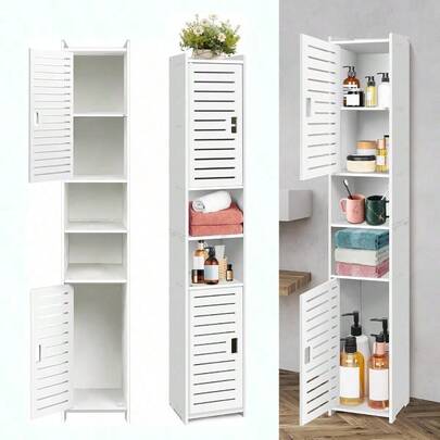 UK Local Stock Tall Narrow Bathroom Cabinet 116cm, Freestanding Floor Standing Storage Unit With Double Doors - White Toilet Roll Organiser For Small Spaces, Fast Delivery