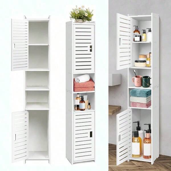 UK Local Stock Tall Narrow Bathroom Cabinet 116cm, Freestanding Floor Standing Storage Unit With Double Doors - White Toilet Roll Organiser For Small Spaces, Fast Delivery