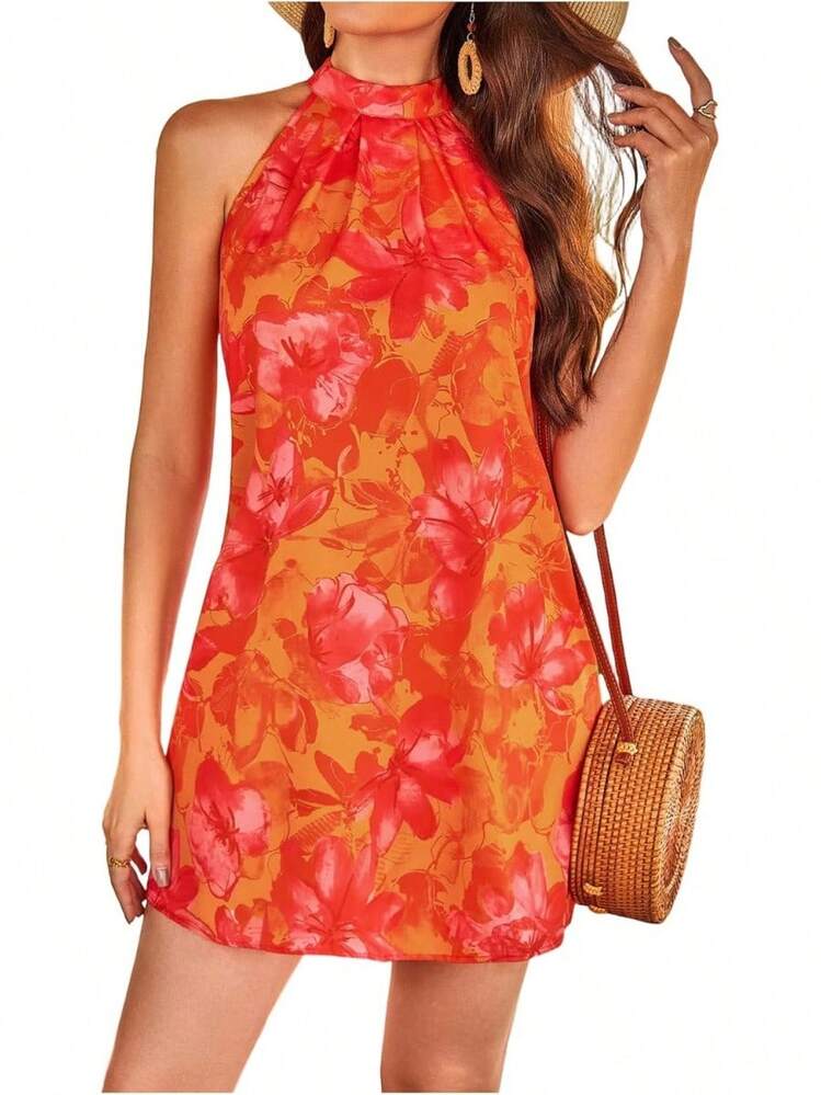 - Vestido corto sin mangas con estampado floral para mujer, cuello halter, línea A - Rosa claro (Floral rosa claro) - Añade 9
