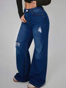Jeans Rectos de Mezclilla Azul  Lavado con Roturas - Azul lavado medio - Ver 4