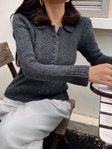 DEEKA 秋冬新款女式歐美風仿毛皮效果翻領針織毛衣外套 - 深灰色1 - 查看 5