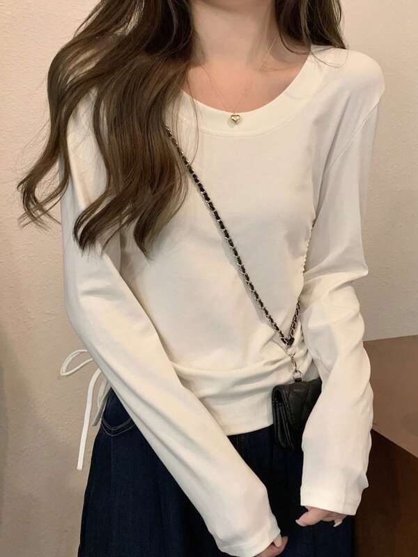 韓式修身圓領抽繩設計百搭純棉長袖女款T恤上衣