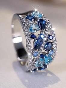 1pc Royal Blue Crystal Teardrop Stone Ring Simulated Aquamarine Engagement Ring Daughter Mom Relative Gift - Silver - View 2