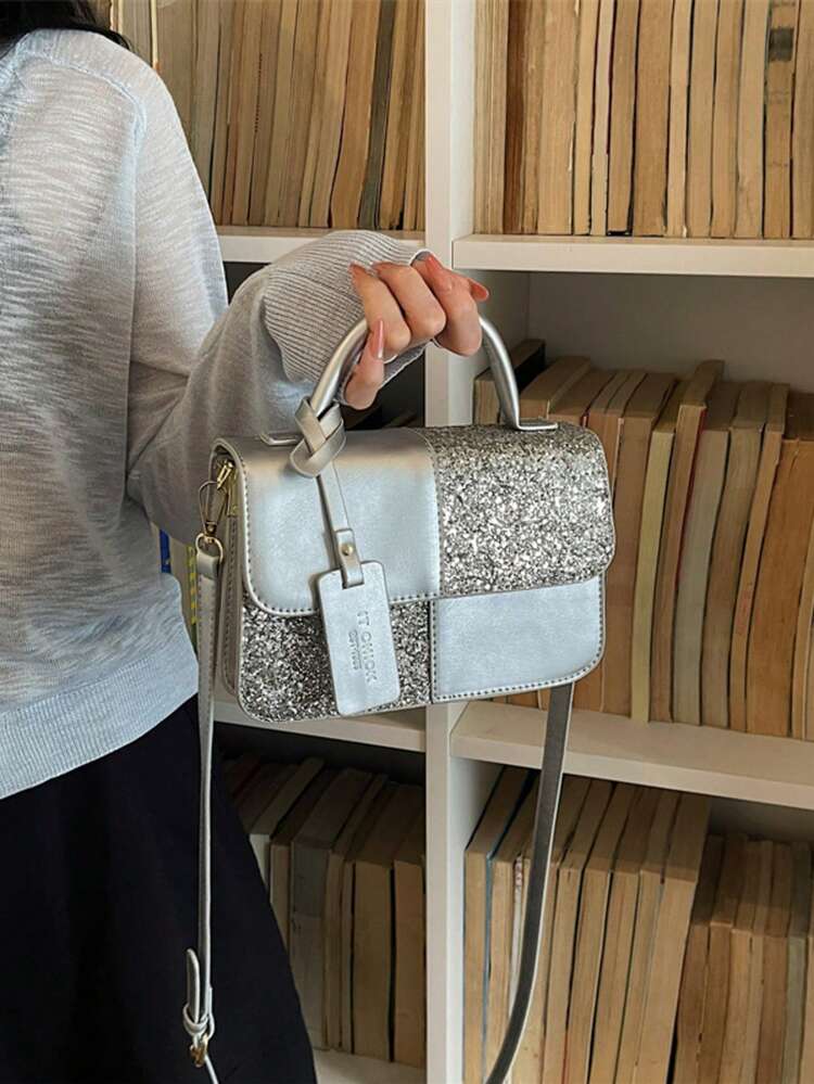 Fashionable Minimalist Premium Sequin Retro Colorblock Women's Bag With Pendant - Dark Grey - View 3