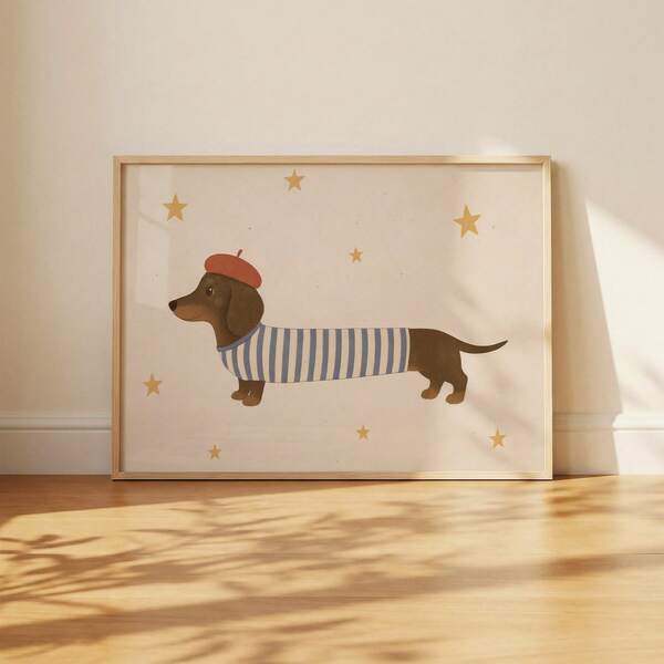 1pc Frameless French Dachshund Pencil Art Print, Cute Dog Illustration, Minimalist Starry Sky Kids Room Wall Decor For Bedroom, Dorm, Back To School, Funky Posters, Vintage Decor, College Dorm Essentials, Unique Gift