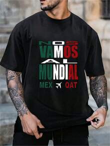 Camiseta para Aficionados del Fútbol Mexicano Estampado MEX QAT Avión Corte Holgado Moda Deportiva - Negro - Ver 1