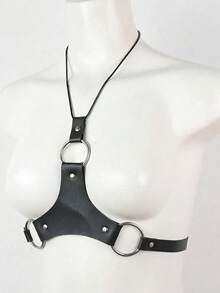 1件裝女款黑色龐克風倒Y型PU皮革細肩帶胸部束帶身體飾品，適合音樂節、派對、演唱會或表演 - 黑色 - 查看 6