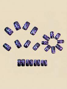 24pcs French Purple Floral Y2K Medium Length Press-On Nails, Easy To Apply, Long Lasting, Gentle On Natural Nails, Reusable False Nails - Multicolor - View 2