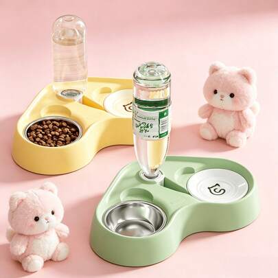 Cat And Dog Automatic Refill Water Feeder, 2-In-1 Dry Food And Water Bowl For Home, Anti-Tip Pet Bowl For Kittens And Puppies, Small Stainless Steel Dry And Wet Food Bowl, Living Room Pet Self-Service Drinking And Feeding Bowl