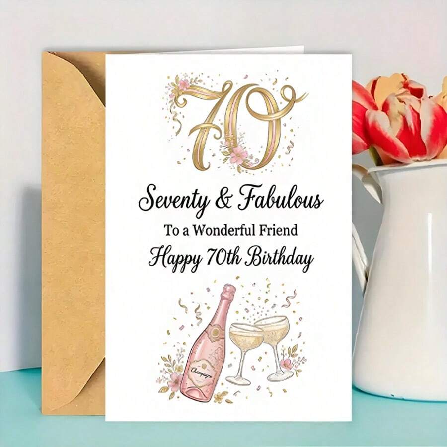 1PC-70th Birthday Greeting Card With Envelope - Champagne Theme Greeting Card Specially Designed For Women, Perfect For Friends, Sisters Or Mothers, Great Gift For Party Celebration - A - View 1
