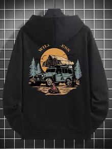 Sudadera con Capucha Casual para Hombre, con Estampado de Arte de Paisaje Forestal y Elementos de Campamento, Forro Térmico, Otoño/Invierno, Manga Larga - Negro - Ver 1