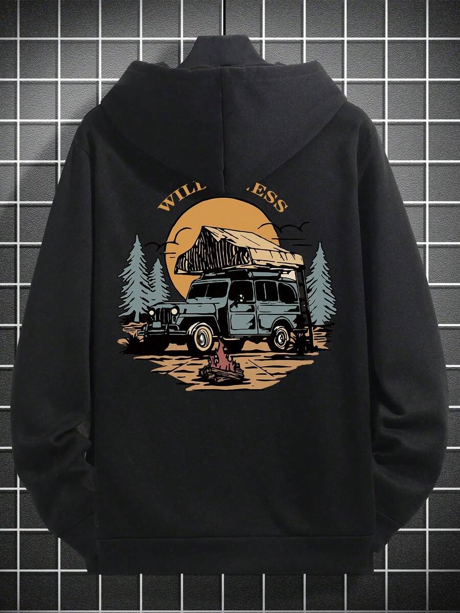 Sudadera con Capucha Casual para Hombre, con Estampado de Arte de Paisaje Forestal y Elementos de Campamento, Forro Térmico, Otoño/Invierno, Manga Larga - Negro - Ver 1