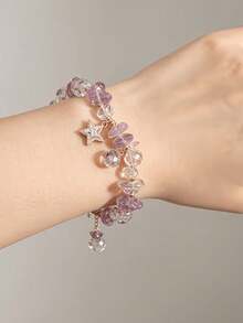1pc Minimalist Sexy Aesthetic Fairy Style Y2K Iridescent Crystal Bracelet, Exclusive For Teenage Girls, Gold Zirconia Star Pendant With Tassel, Elastic Band, Jewelry, Suitable For Prom, Graduation Season, Music Festival, Daily Wear, Best Friend Birthday, Valentine's Day Gift - Multicolor - View 2