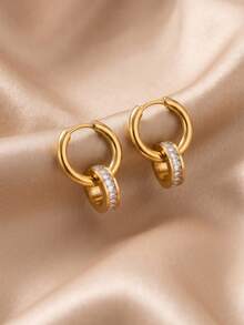 1 Pair Minimalist Rhinestone Decor Double Circle Hoop Earrings Stainless Steel 18K Gold Plated For Women Daily Wear Geometric Drop Earrings - Rings - View 3