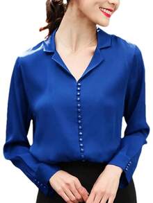 Camisa de manga larga de seda con solapa para mujer, diseño de negocios con hebillas sólidas, cuello en V, blusa delgada - Rojo vino - Ver 8