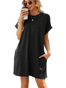 Camiseta Holgada de Manga Corta para Mujer, Vestidos con Bolsillos y Cuello Redondo - Negro - Ver 4