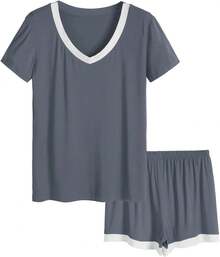 Latuza - Conjunto de Pijama de Manga Corta con Cuello en V para Mujer - Gris-oscuro - Ver 13