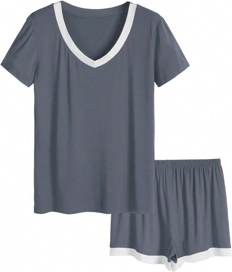 Latuza - Conjunto de Pijama de Manga Corta con Cuello en V para Mujer - Violeta - Añade 19