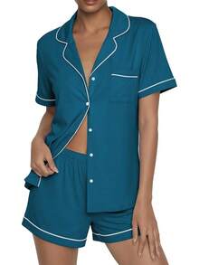 - Conjunto de pijama de verano con botones, 2 piezas, de manga corta, para dormir, S-XXL - carbón oscuro (Dark Charcoal Gray) - Ver 25