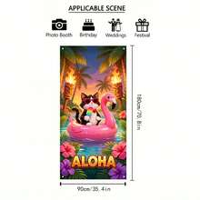 1 Stück Hawaiian Aloha Sommer Pool Tür Banner, Polyester Material, Mode Brille Katze Flamingo Tiki Fackel Muster Dekor Hintergrund, geeignet für Party Veranstaltungen, Veranda Dekoration, Fotografie Requisiten, Innen- & Außenwand Dekoration - Übersicht 2