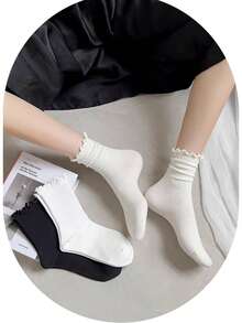 1/5/6/10/15 Pairs Pure White Striped Ruffle Mid-Calf Socks, Suitable For Home, Travel, Vacation And Autumn/Winter Seasons - White - View 5