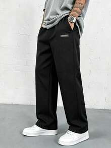 Pantalones rectos de pierna gruesa con textura de waffle, de estilo casual y elegante para hombres, para primavera/verano y otoño - Negro - Ver 1