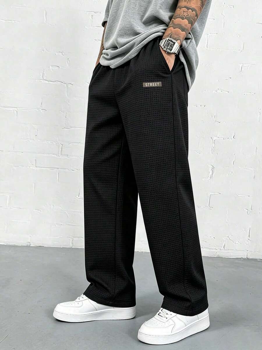 Pantalones rectos de pierna gruesa con textura de waffle, de estilo casual y elegante para hombres, para primavera/verano y otoño - Negro - Ver 1