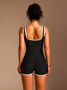 XLLAIS 1pc Women's Square Neck Seamless Knit Fitted Yoga Jumpsuit, Contrast Color Sexy Summer Fitness Jumpsuit, Tummy Control Workout Jumpsuit Black - Black - View 3