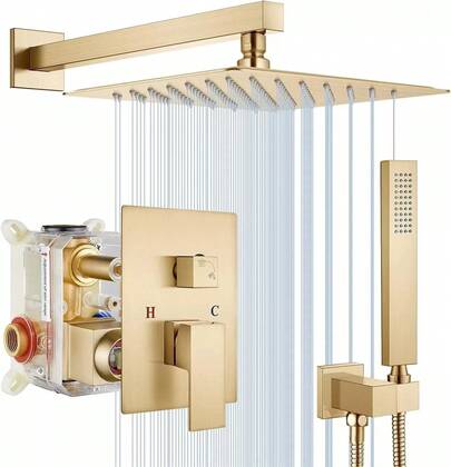 Shower System Brushed Gold, Shower Faucet Set With 12 Inch Rain Shower And Handheld Shower Set,Shower Trim Kit With Pressure Balance Brushed Gold