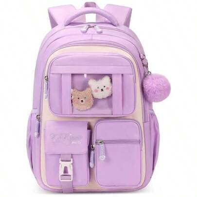 Cute Backpack Large Capacity School Bag Set With Pen Bag And Plush Ball Keychain Sweet Bookbag Beige And Purple