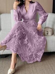 Vestido de media longitud con cinturón y cuello de encaje elegante para mujer, vestido de verano/primavera - Rosa - Ver 11