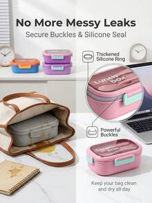 1000ml Leak-Proof Divided Lunch Box With Handle, Reusable, Airtight Fresh-Keeping, Includes Utensil Set, Suitable For Office Workers, Camping, Hiking And Back To School Season, Microwave And Dishwasher - Multicolor - View 4