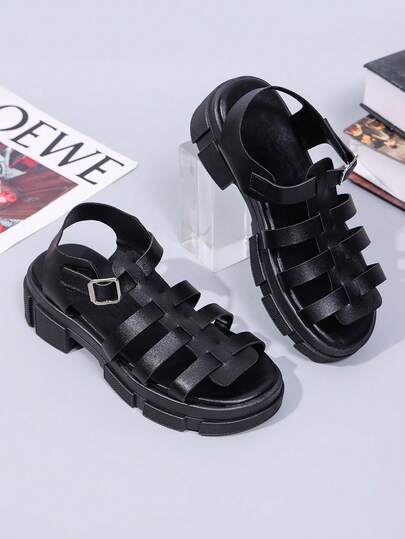 Women's Gladiator Multi-Strap Chunky Heel Platform Sandals, Open Toe Ankle Strap Summer Black PU Leather Sandals