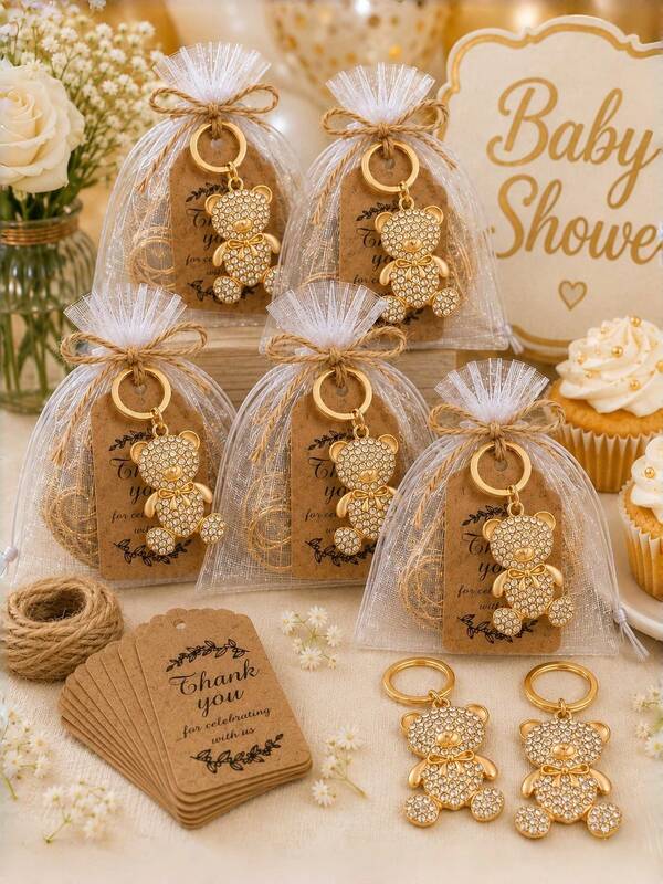 20pcs Gold Teddy Bear Keychain Set, Baby Shower Party Supplies, Baby Shower Guest Gifts, Baby Shower Party Favors, Gender Reveal Party Supplies