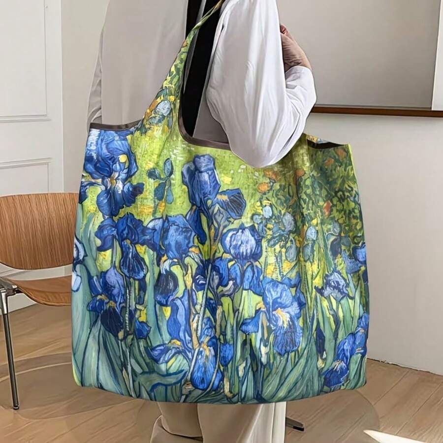 Women's Foldable Tote Bag, Large Capacity Shopping Bag, Oil Painting Style Bag, Washable Shopping Bag, Starry Night And Iris Pattern, Suitable For Commuting, Travel, Business Trip, Shopping, Back To School, Women's Gift, Holiday Gift, Birthday Gift - A - View 1
