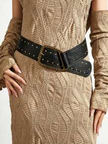 1pc Women's Dark Western Style Heavy-Duty Full Rivet Wide Waist Belt - Black - View 5