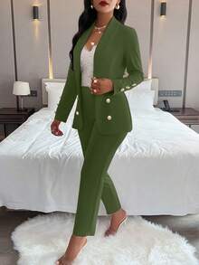 AIJ Women 2 Pieces Fall Fashion Outfits, Double Breasted Blazer & Pants Matching Set, Formal Business HOCO Homecoming Outfit - Turquoise - View 3